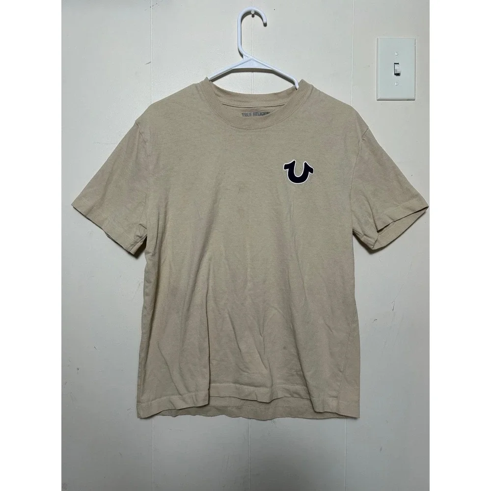 True Religion Mens Tan Buddha Guitar Graphic T-Shirt Horseshoe Logo Small Beige